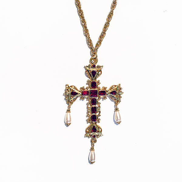 Venetian Cross Necklace with Crystals and faux Pearls