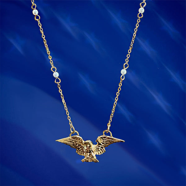 Eagle on Gold and Pearl Chain Necklace