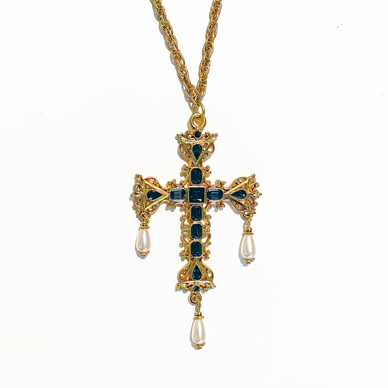 Venetian Cross Necklace with Crystals and faux Pearls